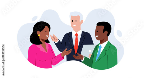 A diverse group of business professionals are engaged in a discussion, fostering collaboration and teamwork in a modern, abstract office environment illustration.