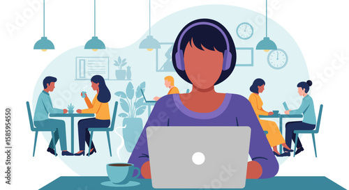 A woman wearing headphones works on a laptop in a modern cafe with other people socializing and working in the background.