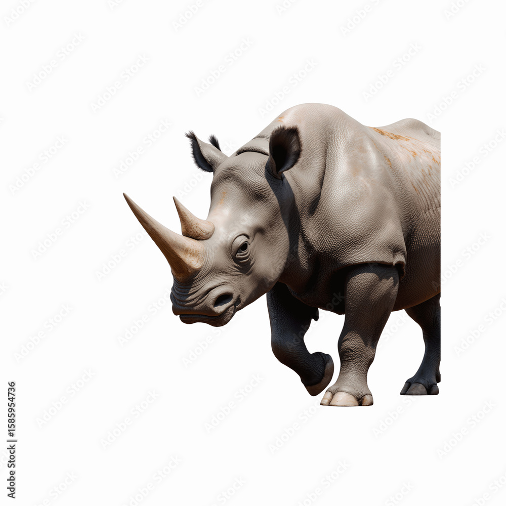 Fototapeta premium Majestic Rhino Portrait: A powerful rhinoceros strides forward, its massive horn a symbol of untamed nature. The image captures the essence of the wild.