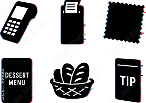 Restaurant icons: payment, receipt, napkin, dessert menu, bread basket, tip