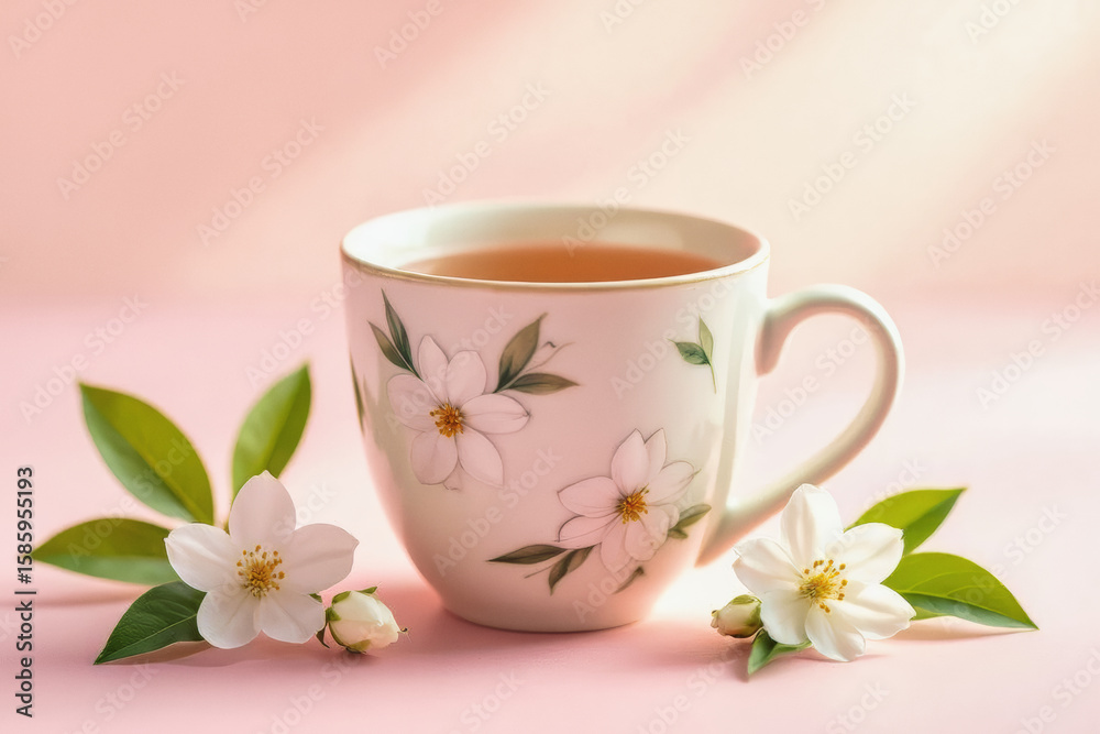 Fototapeta premium A white porcelain cup filled with amber tea sits on a blush pink surface, adorned with floral patterns and surrounded by delicate jasmine blossoms.