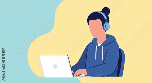 A young person wearing headphones is sitting at a desk and working on their laptop computer, shown in a minimalist illustration style.