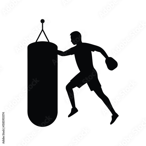 Boxer silhouette punching sandbag in training motion on clean white background