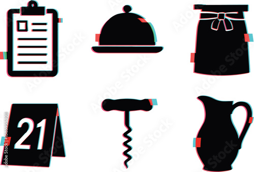 Retro styled restaurant icons with clipboard, dish cover, apron, calendar, corkscrew, and pitcher
