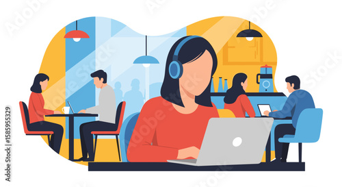 A young woman wearing headphones works on her laptop in a modern, brightly lit coffee shop, surrounded by other people using technology.