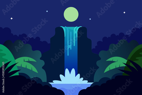 waterfall glowing in moonlight in jungle backgroun.