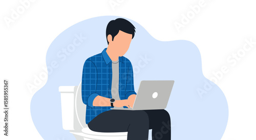 A faceless man wearing a blue plaid shirt is sitting on a toilet while working on a laptop in a modern, minimalist, and humorous setting.