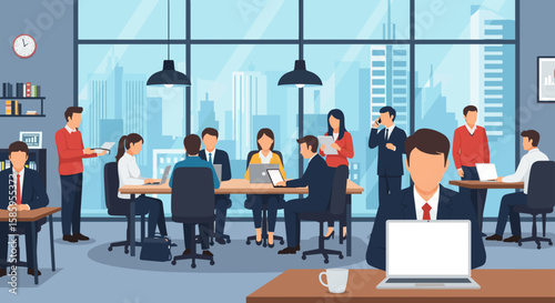 Diverse team of professionals collaborating and working productively in a modern, bright office with large windows overlooking a city skyline.