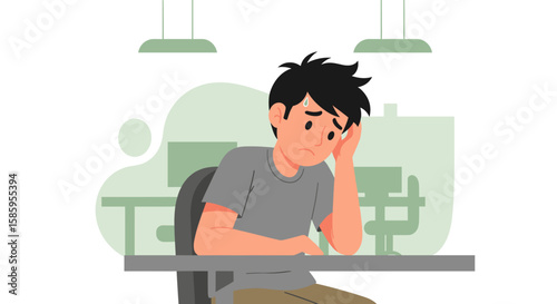 A young man experiences burnout and mental fatigue, sitting slouched at a desk, feeling overwhelmed and unhappy in a modern office.
