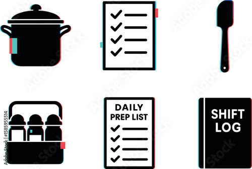 Kitchen tools and checklists set with cooking pot, spatula, condiment holders, and lists