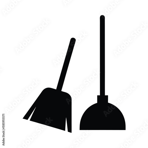 Silhouette of broom and dustpan standing together in cleaning position on white background