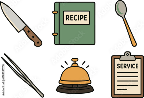Culinary icons: knife, recipe book, spoon, tweezers, bell, service clipboard