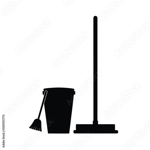 Bucket and mop combo silhouette arranged neatly for cleaning scene on white background