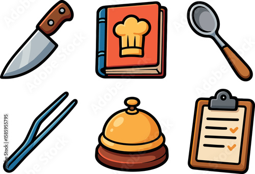 Culinary tool icons: knife, cookbook, spoon, tongs, bell, clipboard