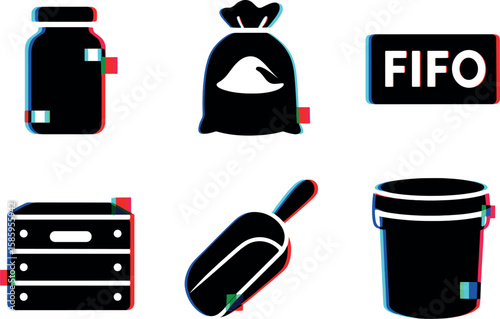 Anaglyph icons: jar, bag, fifo, drawer, scoop, and bucket symbols