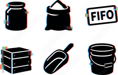 Fifo storage icons: jar, sack, sign, crate, scoop, bucket in glitch style