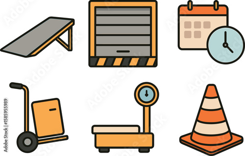 Warehouse icons set: ramp, loading dock, calendar, hand truck, weighing scale, traffic cone