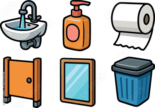 Bathroom essentials illustration with sink, soap, toilet paper, bin, mirror, and door