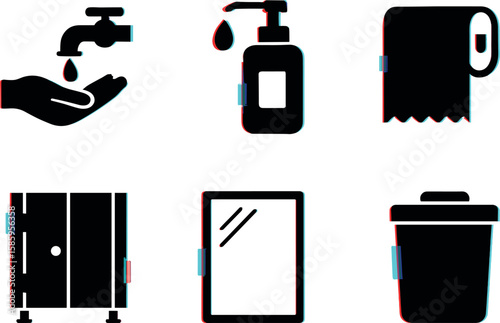 Bathroom hygiene icons: handwash, soap dispenser, toilet paper, bathroom stall, mirror, trash can