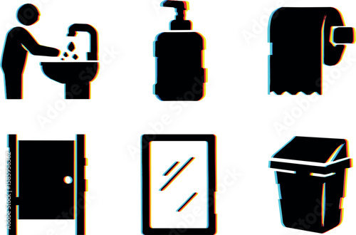 Hygiene icons: handwashing, soap, toilet paper, door, mirror, trash bin