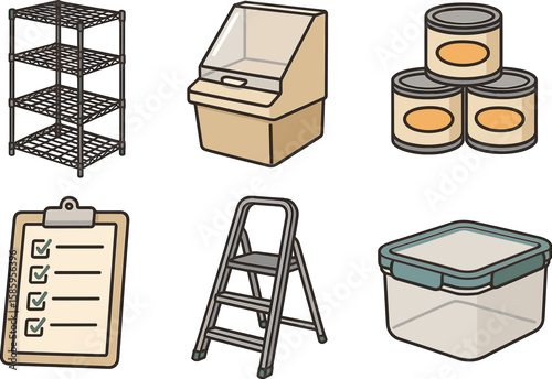 Storage solutions set: shelving unit, storage bin, canned goods, checklist, ladder, container