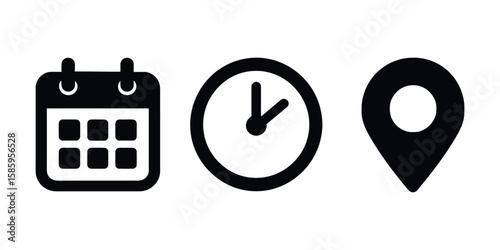 Event management and scheduling icon set featuring calendar, clock, and location pin symbols in modern flat vector style. Perfect for GPS services, digital calendars, business scheduling etc