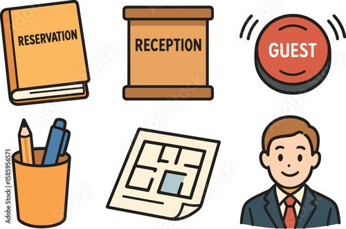 Hotel icons collection with reservation, reception, guest bell, and cartoon male figure
