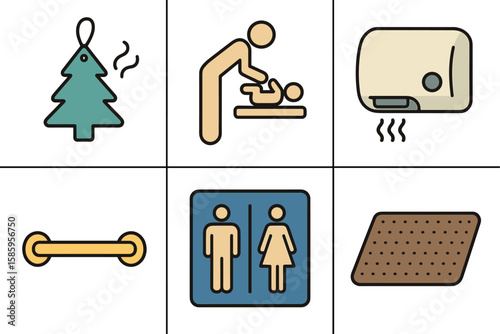 Bathroom symbols: air freshener, changing table, hand dryer, grab bar, restroom sign, non-slip mat