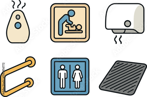 Bathroom and nursery icon set including soap dispenser, changing station, and hand dryer