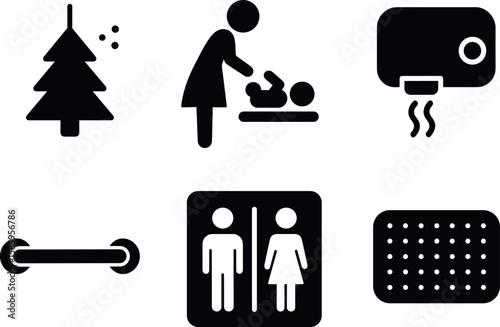 Black icons: christmas tree, baby changing, hand dryer, grab bar, restroom, bath mat