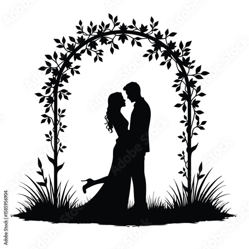 Couple embracing under floral archway embrace silhouette