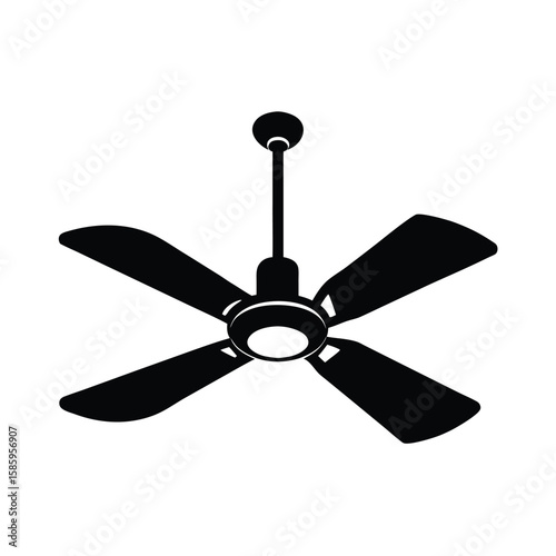 Ceiling fan silhouette with three blades circulating air on plain white background