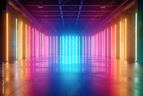 Empty industrial room with colorful neon lights reflecting on wet floor