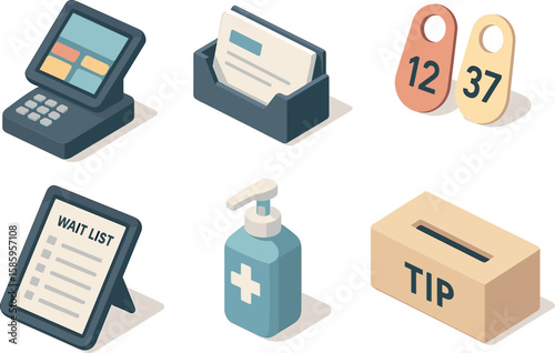 Isometric icons of computer, files, number tags, wait list, sanitizer, tip box