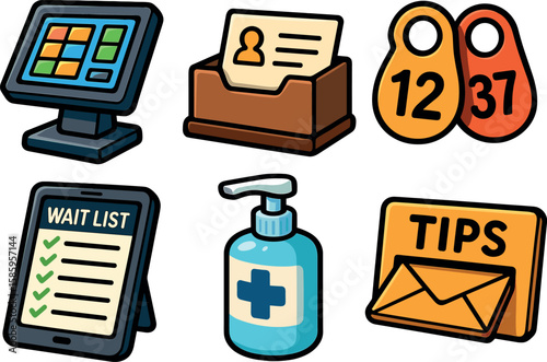 Illustrated icons of queue management systems and service accessories