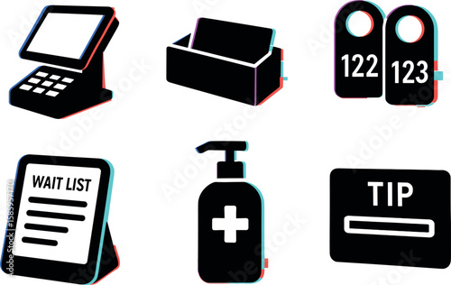 Retro 3d style restaurant icons set including pos system and sanitizer