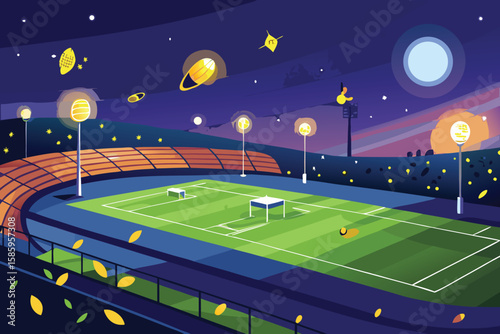 A vibrant cartoon illustration captures a serene summer landscape with a green meadow, a winding road, and a majestic mountain under a starry night sky, while fluffy clouds drift towards the horizon