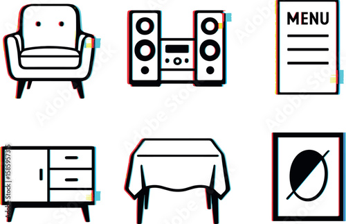 Retro furniture and decor icons with 3d distortion effect