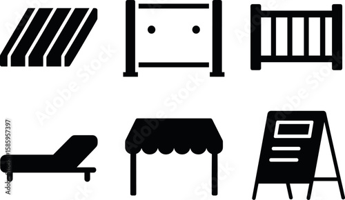 Set of six black furniture and structure icons