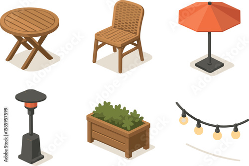 Outdoor furniture set with table, chair, umbrella, lamp, planter, and string lights