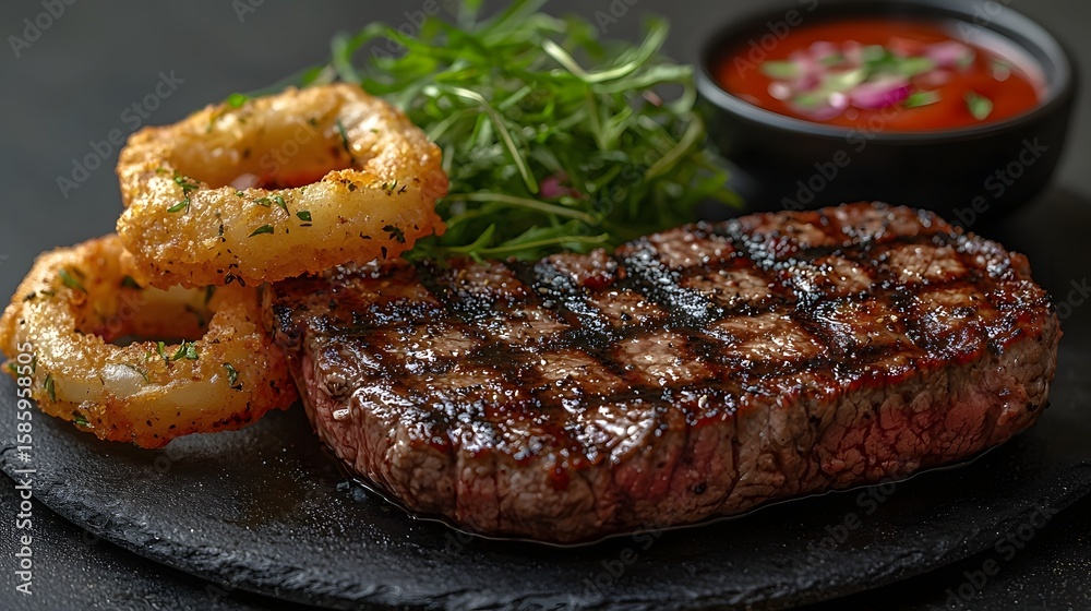 Fototapeta premium Charred grilled steak with crispy onion rings and dipping sauce