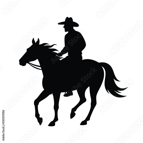 Silhouette of cowboy galloping on horse in dramatic pose on white background
