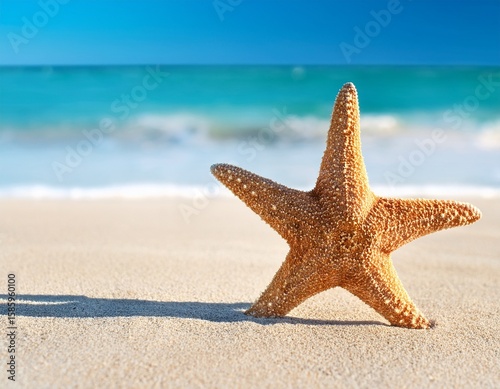 single starfish standing upright on a sunny sandy beach with blue ocean water in the background a summer vacation concept bor banner poster or card