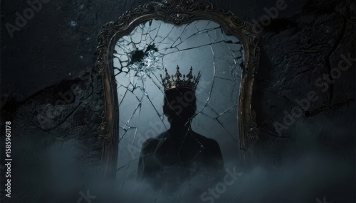 Symbolic psychology of narcissistic ego. A shadowy silhouette wearing a crown is reflected in a cracked, ornate mirror surrounded by fog and darkness.