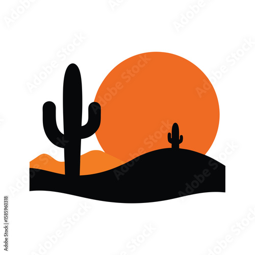 Cactus and sun silhouette in desert environment expressing heat and dryness on white background