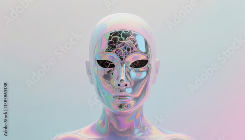 Symbolic psychology of narcissistic ego. A futuristic, iridescent humanoid robot with intricate patterns, exuding a sleek, reflective surface against a soft, gradient background.