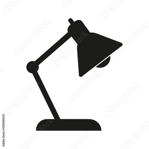 Silhouette of modern desk lamp turned on with light beam visible on white background