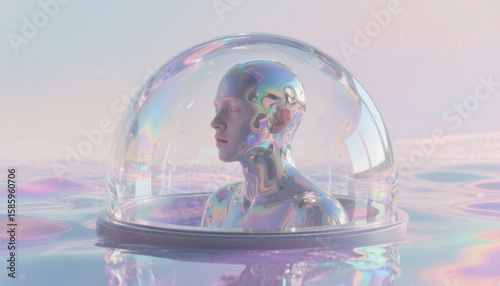 Symbolic psychology of narcissistic ego. A futuristic humanoid figure with a colorful, reflective surface encased in a transparent dome, set against a pastel, surreal watery landscape.