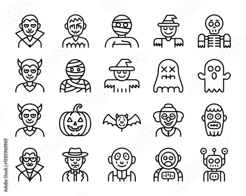 Halloween Characters Vector Icon Set  Vampire, Zombie, Witch, Ghost, Skeleton, Mummy, Monster, Clown, Pumpkin, Alien, Werewolf, Scarecrow  Editable Stroke Line Icons