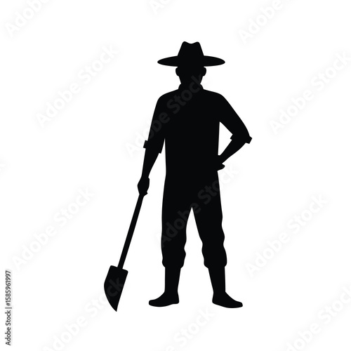 Farmer silhouette holding shovel standing strong in field for agriculture theme on white background